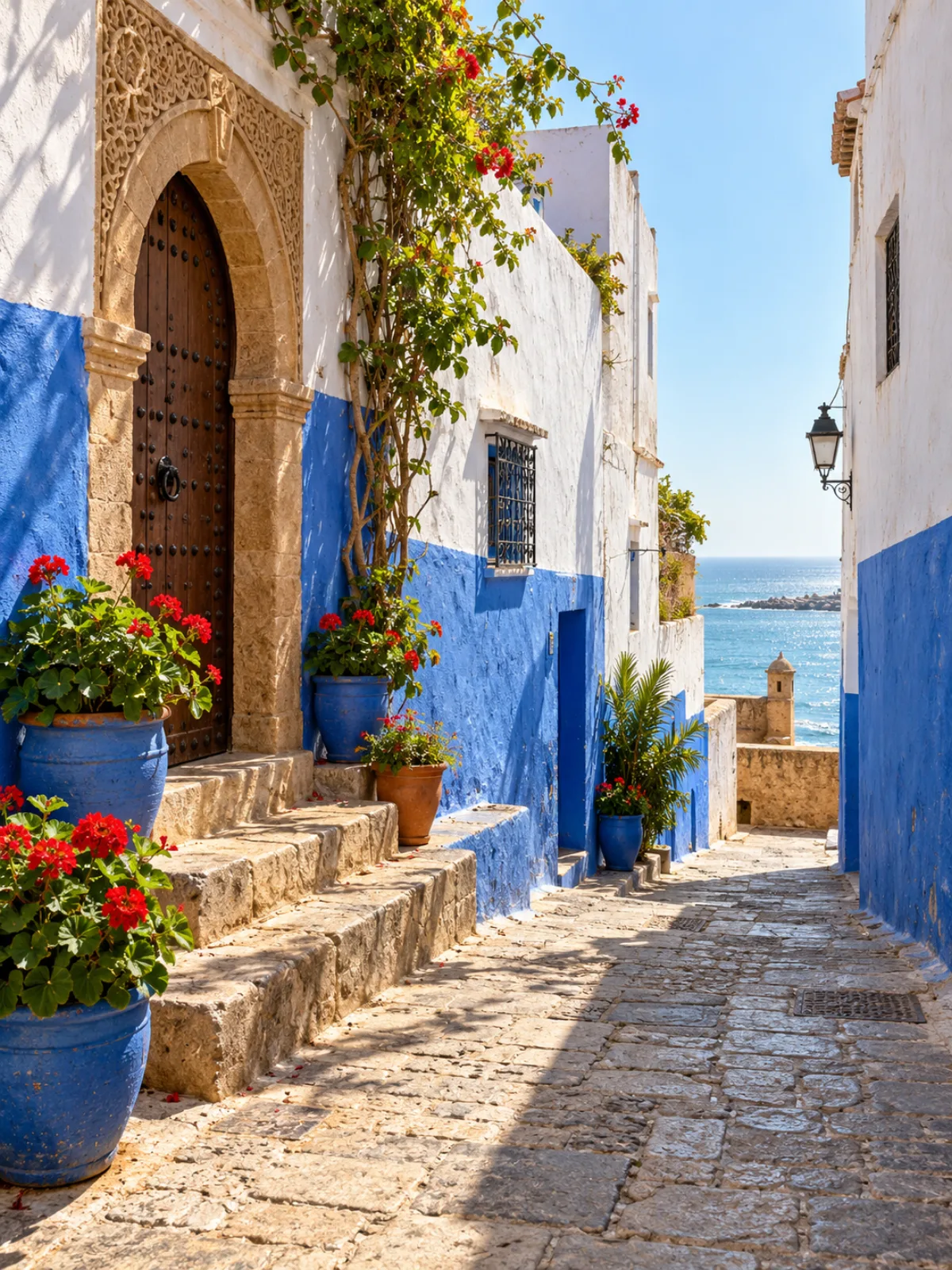 Ruelle de médina aux murs chaulés, portes vertes et marches carrelées