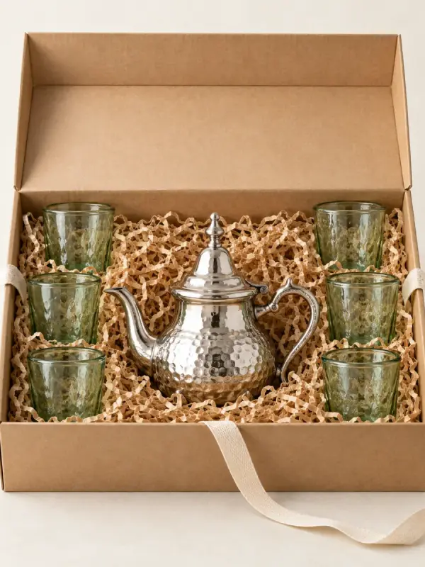 Coffret « Thé à la marocaine » — Maillechort argenté, verre recyclé soufflé, Fès & Marrakech