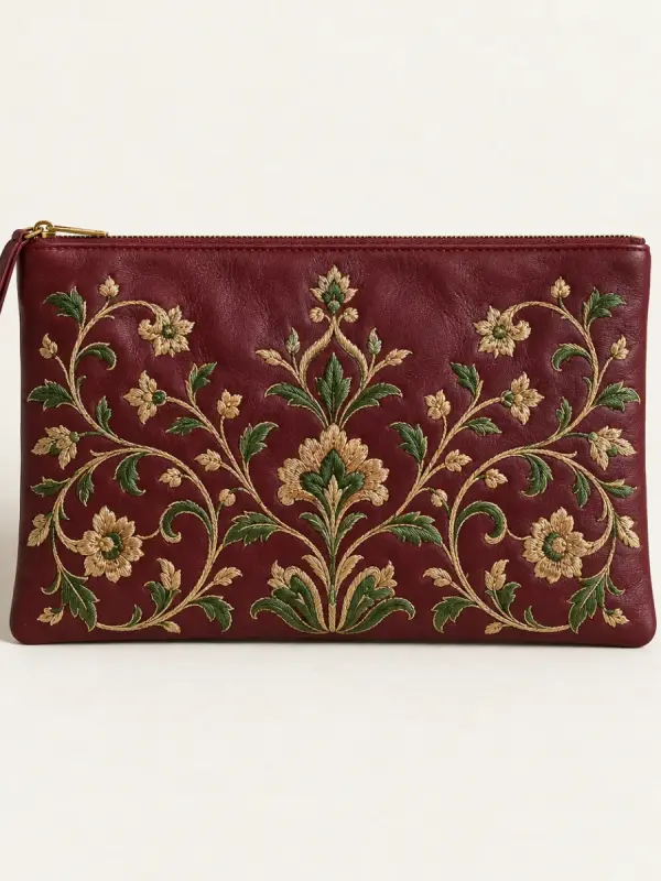 Pochette en cuir brodée « Tétouan » — Cuir d’agneau, fil de soie, Fès