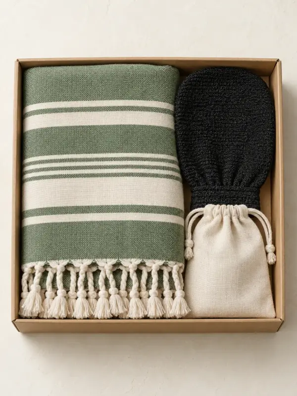 Coffret « Hammam » tout en textile — Coton (fouta, pochette), gant kessa exfoliant, Fès