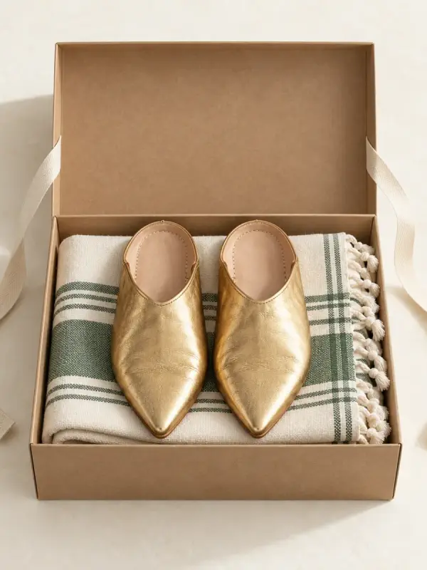 Coffret babouches dorées & fouta — Cuir d’agneau, 100 % coton, Fès